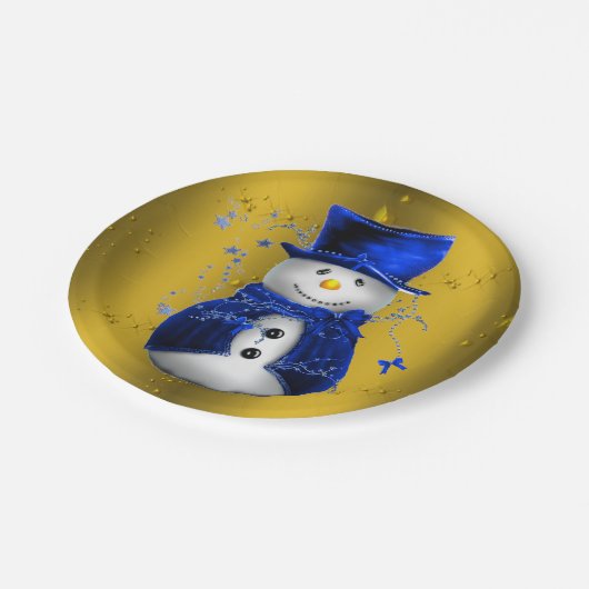 Blue Snowman on Gold Christmas Pappteller (Schrägansicht)