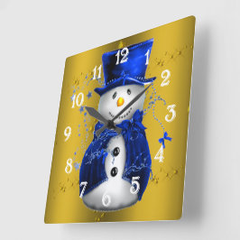 Blue Snowman on Gold Christmas Quadratische Wanduhr