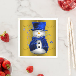 Blue Snowman on Gold Christmas Serviette