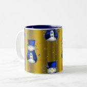 Blue Snowman on Gold Christmas Zweifarbige Tasse (Vorderseite Links)