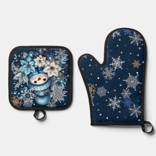 Blue Snowman Oven Mitt and Pot Holders Ofenhandschuh & Topflappen-Set (Vorderseite)