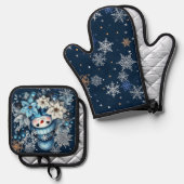 Blue Snowman Oven Mitt and Pot Holders Ofenhandschuh & Topflappen-Set (Vorderseite/Rückseite)