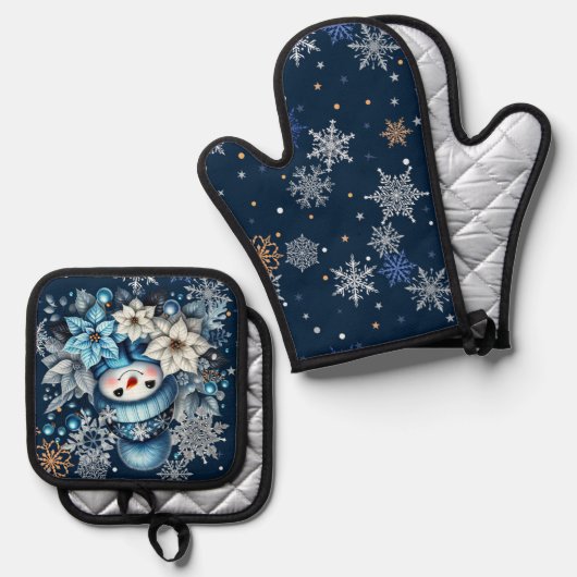 Blue Snowman Oven Mitt and Pot Holders Ofenhandschuh & Topflappen-Set (Vorderseite/Rückseite)