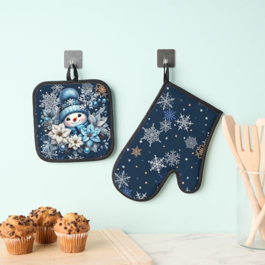 Blue Snowman Oven Mitt and Pot Holders Ofenhandschuh & Topflappen-Set (Insitu (Hängend))