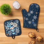 Blue Snowman Oven Mitt and Pot Holders Ofenhandschuh & Topflappen-Set (Oben Unten)