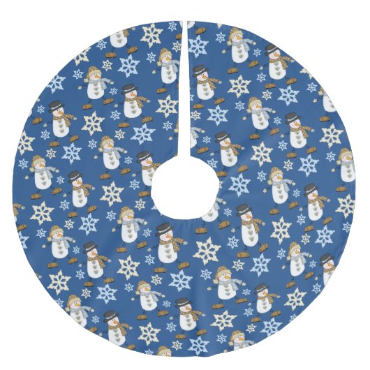 Blue Snowman Snowflake Pattern Polyester Weihnachtsbaumdecke (Vorderseite)
