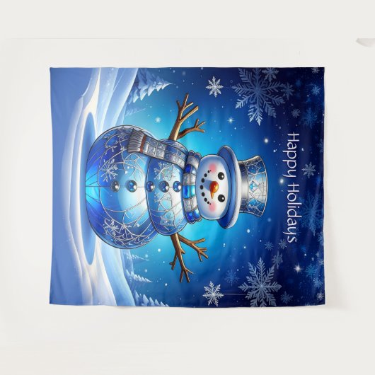 Blue Snowman Snowflakes Holiday Backdrop Wandteppich (Vorderseite (Horizontal))