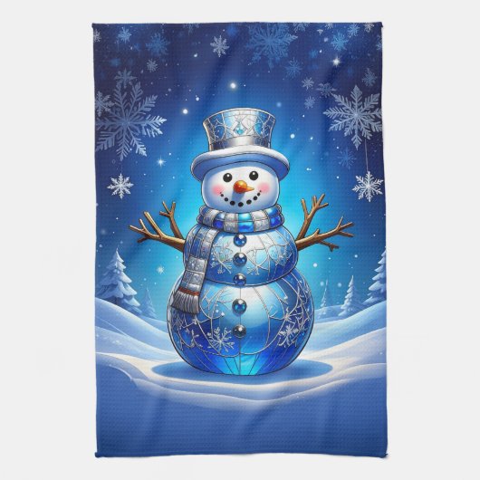 Blue Snowman Snowflakes Holiday Kitchen Towel Geschirrtuch (Vertikal)