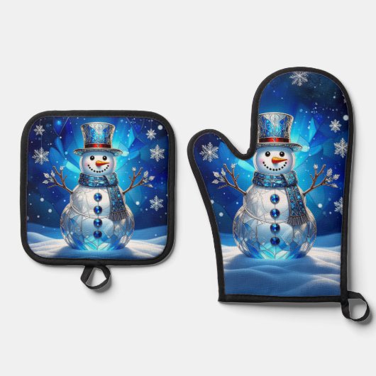 Blue Snowman Snowflakes Ofenhandschuh & Topflappen-Set (Vorderseite)