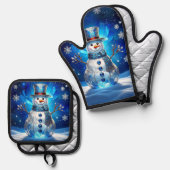 Blue Snowman Snowflakes Ofenhandschuh & Topflappen-Set (Vorderseite/Rückseite)