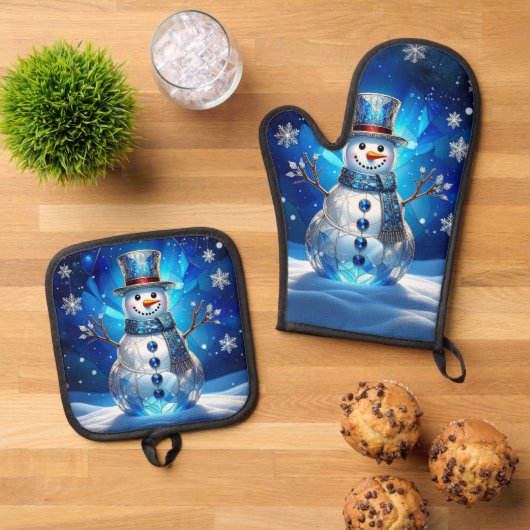 Blue Snowman Snowflakes Ofenhandschuh & Topflappen-Set (Oben Unten)