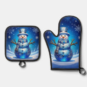 Blue Snowman Snowflakes Ofenhandschuh & Topflappen-Set (Vorderseite)