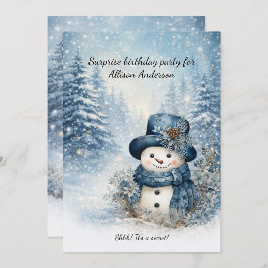 Blue Snowman Surprise Birthday Party | Einladung (Vorne/Hinten)