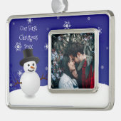 Blue Snowman Winter Scene Gerahmt erste Rahmen-Ornament Silber (Links)