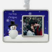 Blue Snowman Winter Scene Gerahmt erste Rahmen-Ornament Silber (Vorderseite)