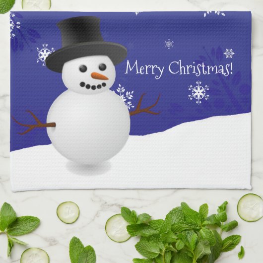 Blue Snowman Winter Scene Weihnachtsküche Handtuch (Gefaltet)