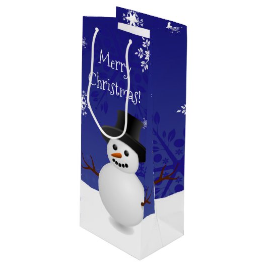 Blue Snowman Winter Szene Weihnachtswein Geschenkt Geschenktüte Für Weinflaschen (Vorderseite Schrägansicht)