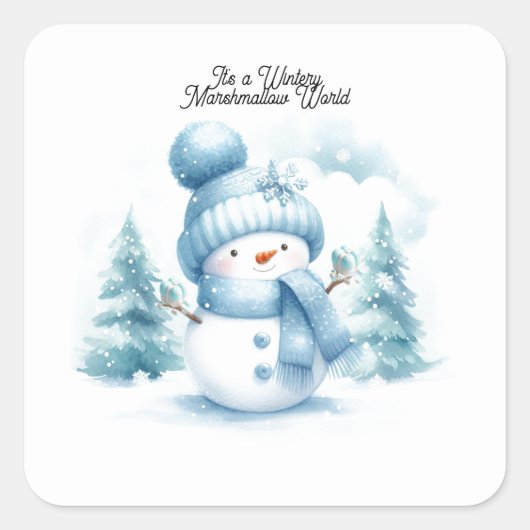 Blue Snowman Wintery Marshmallow World Quadratischer Aufkleber (Vorderseite)