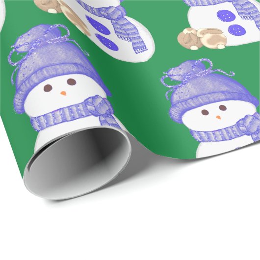 Blue Snowman with Brown & White Bunnies Geschenkpapier (Rolleneckpunkt)