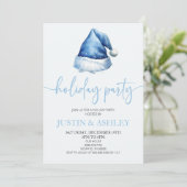 Blue Snowy Weihnachtsmannmütze Weihnachtsfeier Einladung (Stehend Vorderseite)