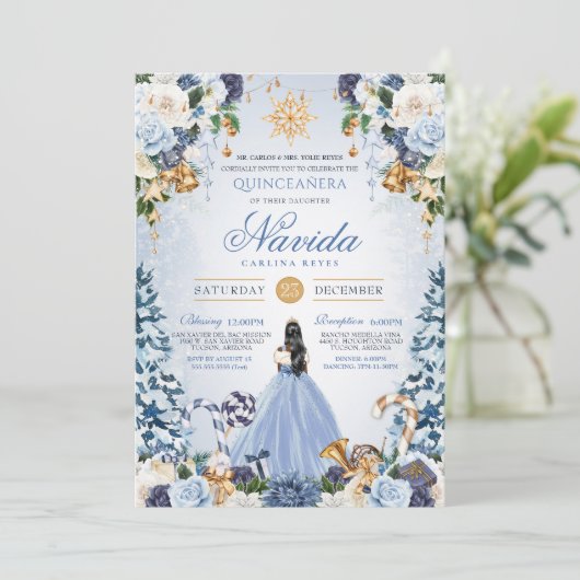 Blue Snowy Winter Ice Princess Holiday Quinceanera Einladung (Stehend Vorderseite)