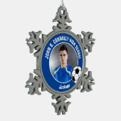 Blue Soccer Player Photo High School Spirit Schneeflocken Zinn-Ornament (Links)