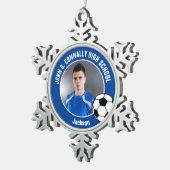 Blue Soccer Player Photo High School Spirit Schneeflocken Zinn-Ornament (Rechts)