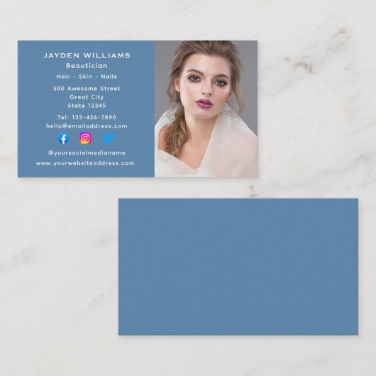Blue Social Media Beautician Cosmetologist Foto Visitenkarte (Vorne/Hinten)