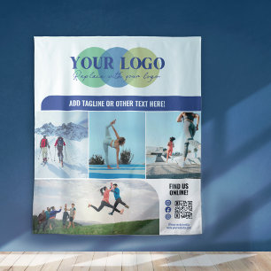 Blue Social Media Icons Logo Fotos QR Promo Wandteppich