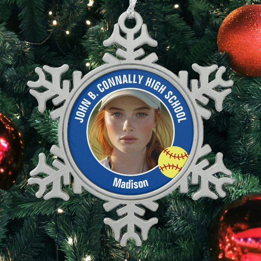 Blue Softball Player Photo High School Keepsake Schneeflocken Zinn-Ornament