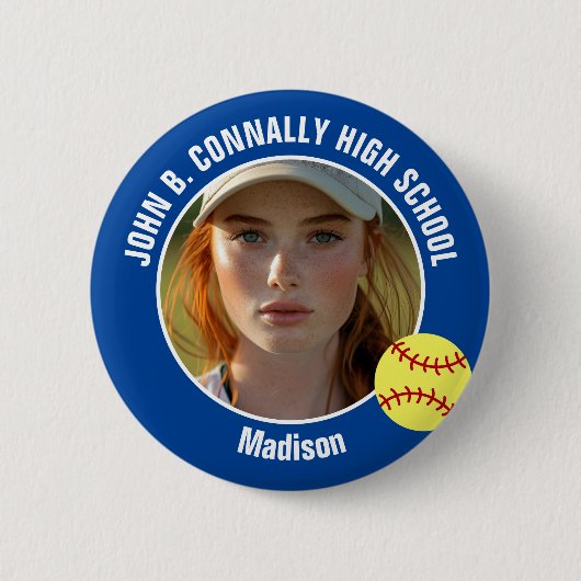 Blue Softball Player Photo High School Spirit Button (Vorderseite)