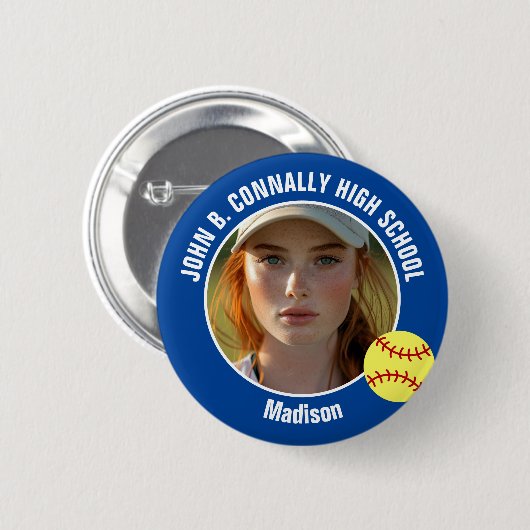 Blue Softball Player Photo High School Spirit Button (Vorne & Hinten)