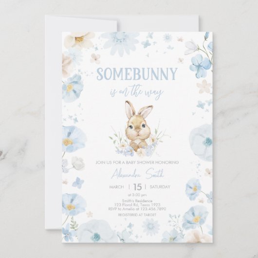 Blue Somebunny Rabbit Baby Dusche Einladung (Vorderseite)