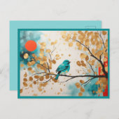 Blue Songbird auf der Zweigstelle des Golden Blätt Postkarte (Vorne/Hinten)