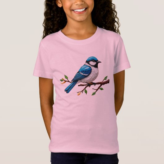 Blue Songbird on Branch Illustration T-Shirt (Vorderseite)