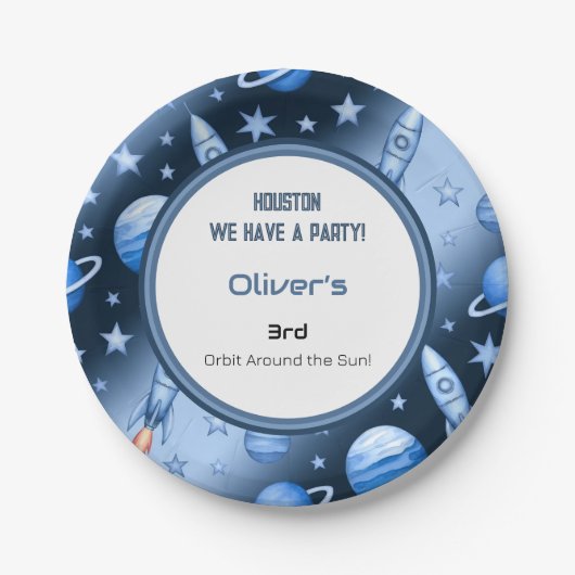 Blue Space Adventure Rocket Kindergeburtstag Graph Pappteller (Vorderseite)