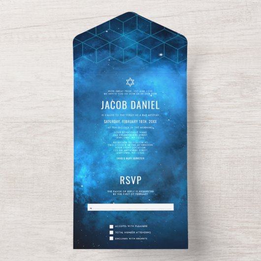 Blue Space Galaxy Bar Mitzvah All In One Einladung (Innen Boden)