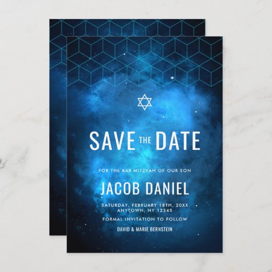 Blue Space Galaxy Bar Mitzvah Save The Date (Vorne/Hinten)