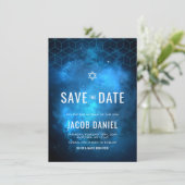 Blue Space Galaxy Bar Mitzvah Save The Date (Stehend Vorderseite)