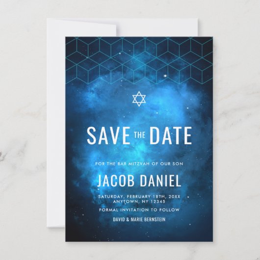 Blue Space Galaxy Bar Mitzvah Save The Date (Vorderseite)