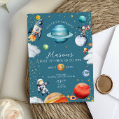 Blue Space Rocket & Astronaut 1st Trip Around Einladung