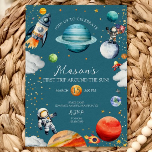 Blue Space Rocket & Astronaut 1st Trip Around Einladung