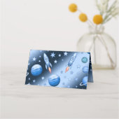 Blue Space Theme Astronaut Rockets Kindergeburtsta Platzkarte (Rückseite)