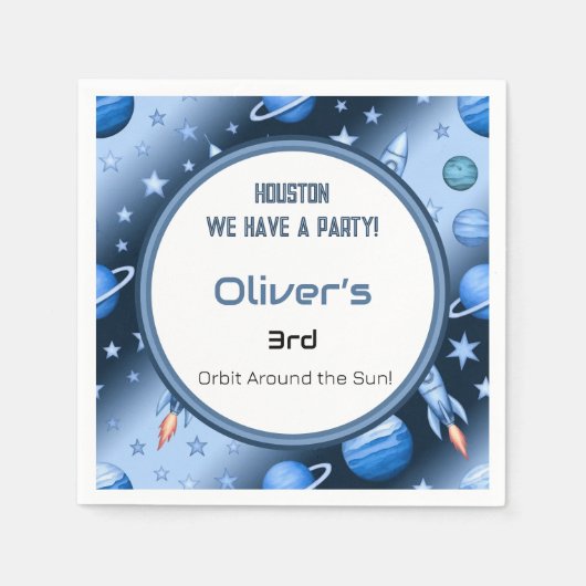Blue Space Theme Rocket & Planets Kids Party Serviette (Vorderseite)