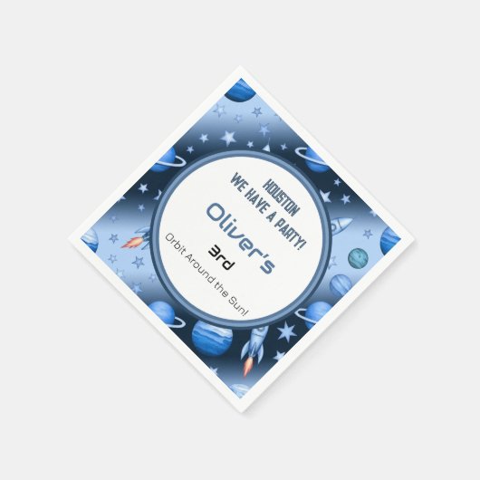 Blue Space Theme Rocket & Planets Kids Party Serviette (Ecke)