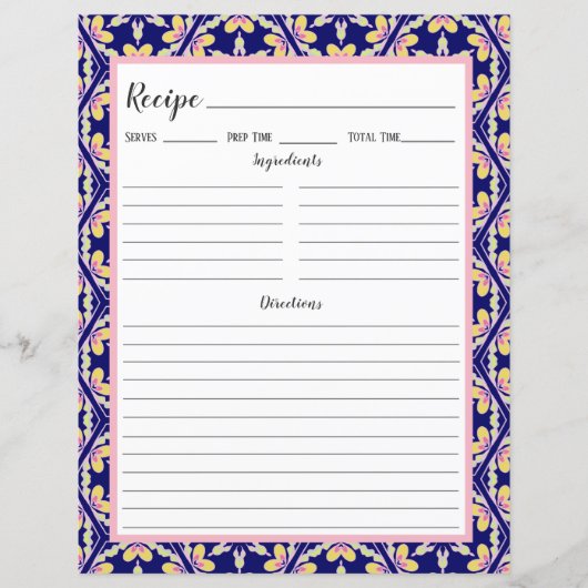Blue Spanish Mediterrane Tile Recipi Binder Page (Vorderseite)