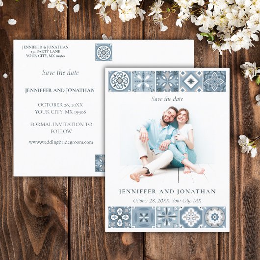 BLUE SPANISH TILES SAVE THE DATE POSTCARD POSTKARTE