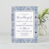 Blue Spanish Tiles Wedding Einladung (Stehend Vorderseite)