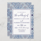 Blue Spanish Tiles Wedding Einladung (Vorne/Hinten)