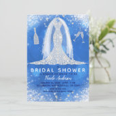 Blue Sparkle Diamond Wedding Dress Brautparty Einladung (Stehend Vorderseite)